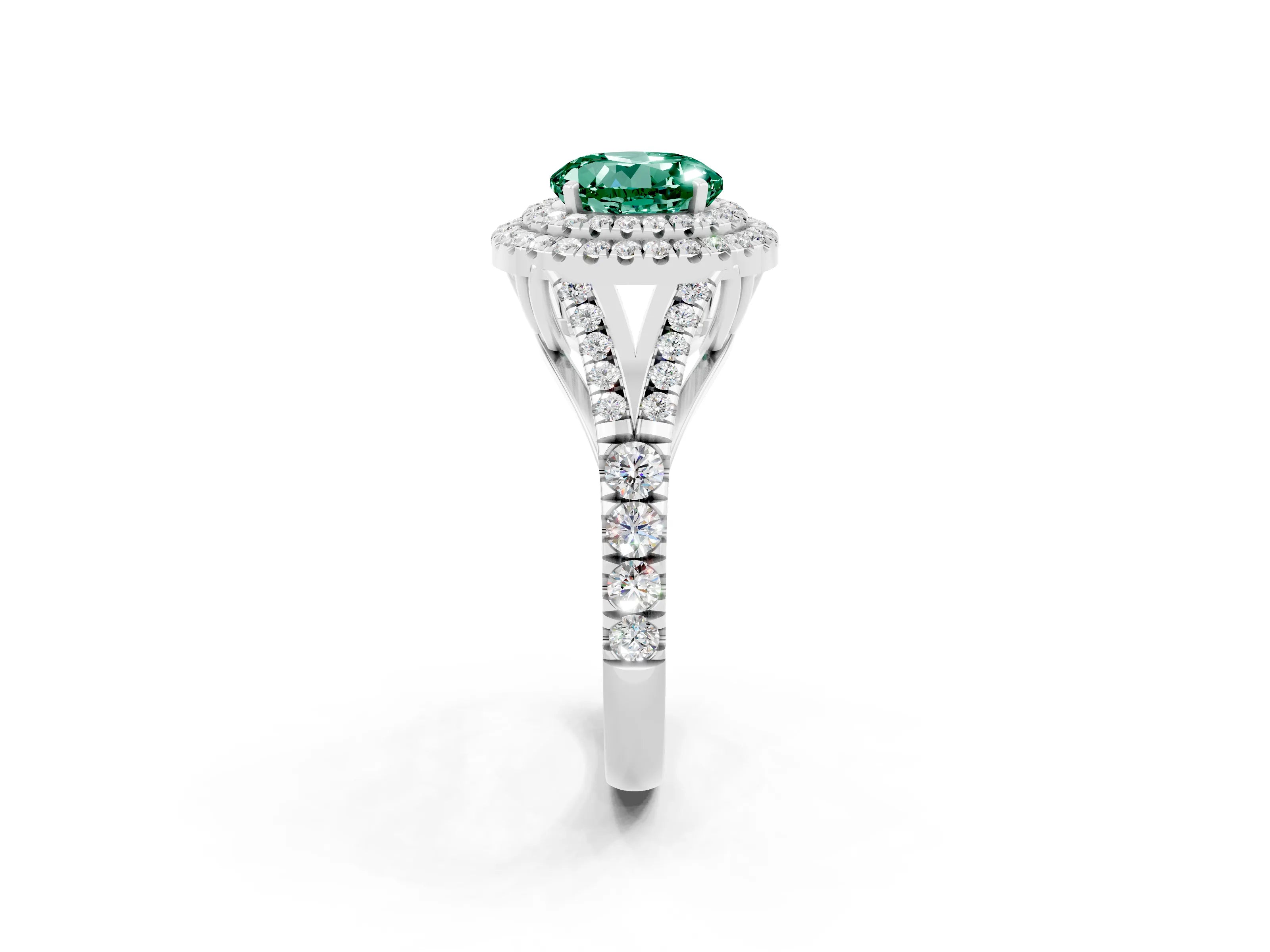 White gold Round Cut Green Sapphire Double Halo Ring with Split Shank and Prong Setting_14