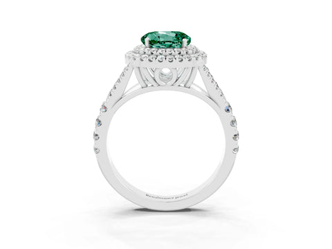White gold Round Cut Green Sapphire Double Halo Ring with Split Shank and Prong Setting_15