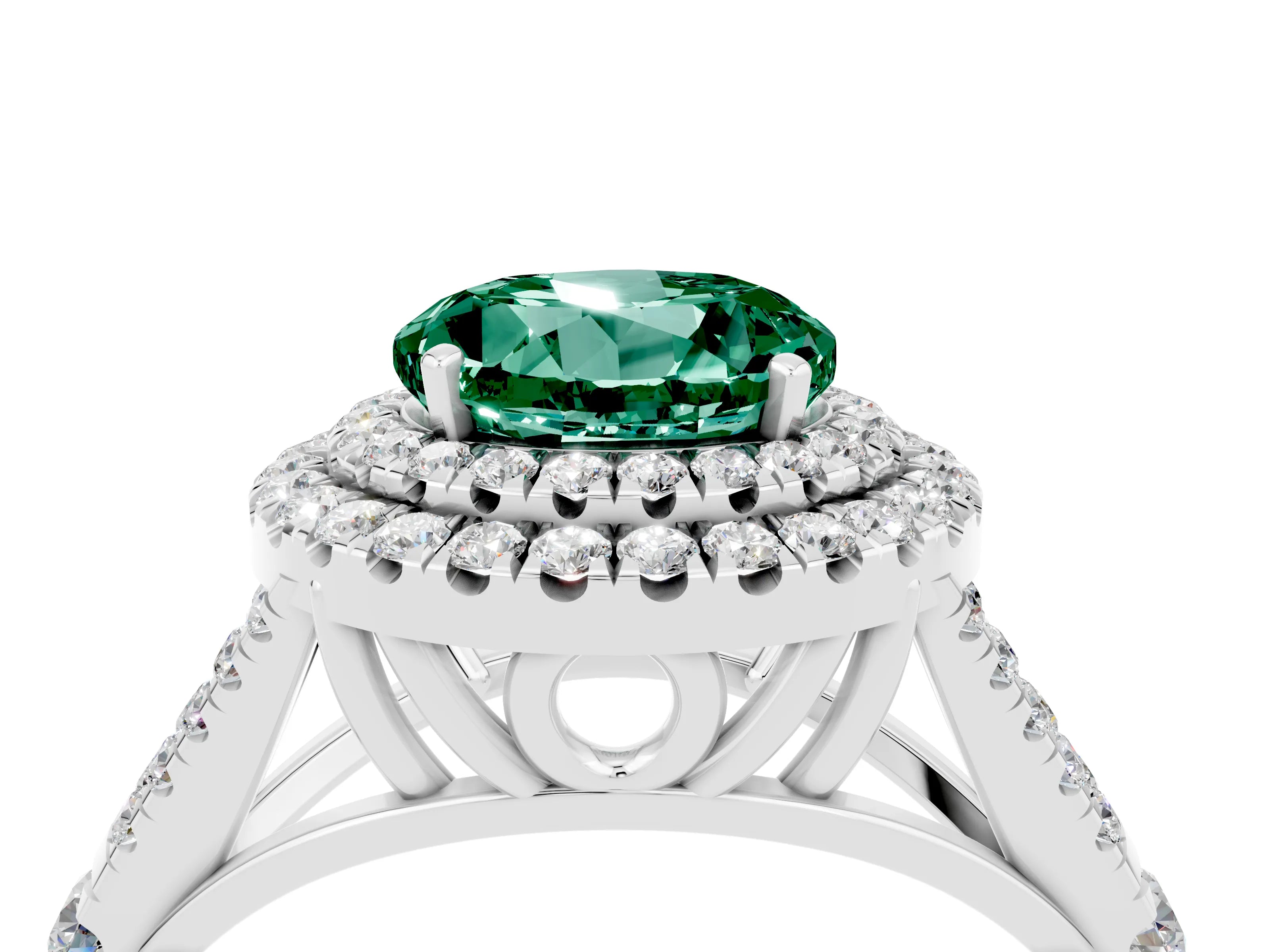 White gold Round Cut Green Sapphire Double Halo Ring with Split Shank and Prong Setting_16