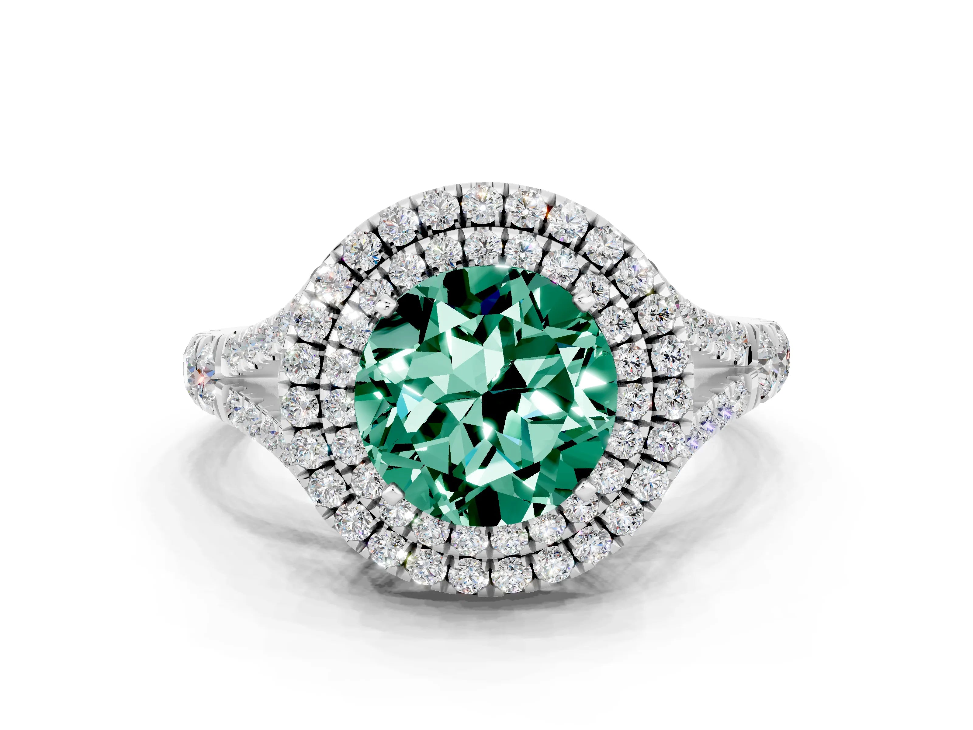 White gold Round Cut Green Sapphire Double Halo Ring with Split Shank and Prong Setting_24