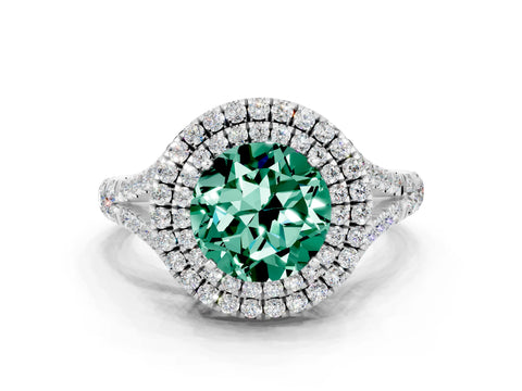 White gold Round Cut Green Sapphire Double Halo Ring with Split Shank and Prong Setting_24