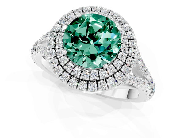 White gold Round Cut Green Sapphire Double Halo Ring with Split Shank and Prong Setting
