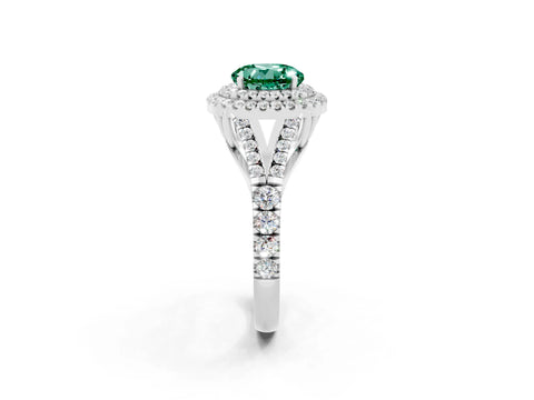 White gold Round Cut Green Sapphire Double Halo Ring with Split Shank and Prong Setting_26