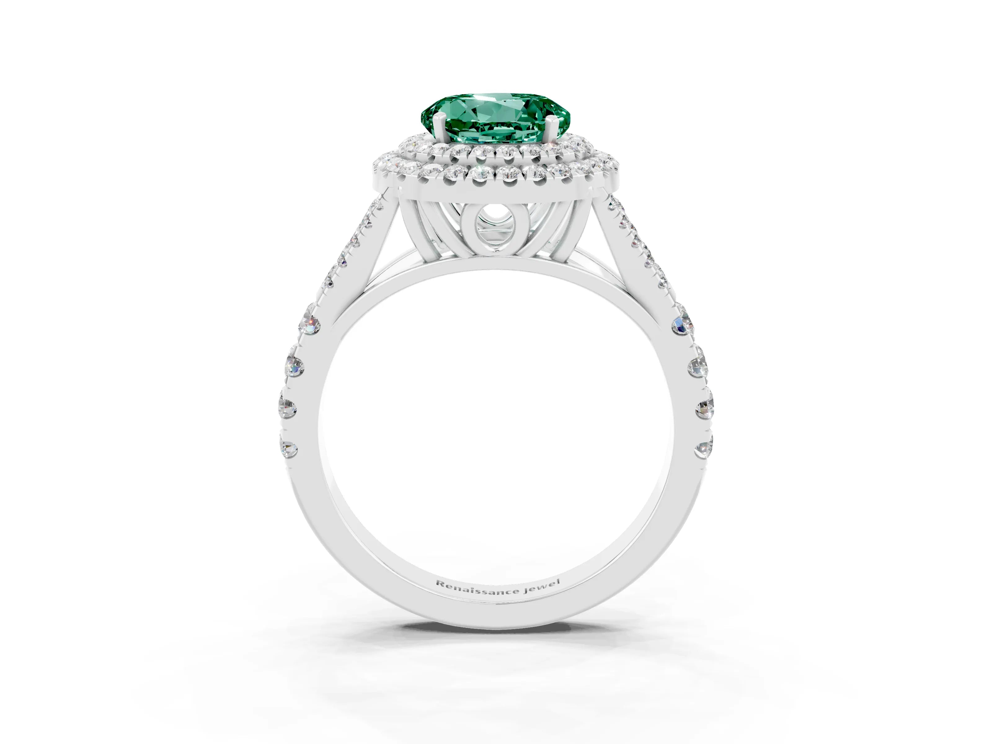 White gold Round Cut Green Sapphire Double Halo Ring with Split Shank and Prong Setting_27