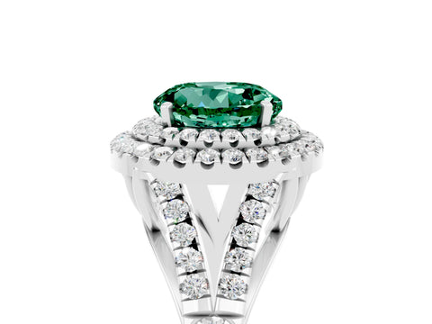 White gold Round Cut Green Sapphire Double Halo Ring with Split Shank and Prong Setting_29