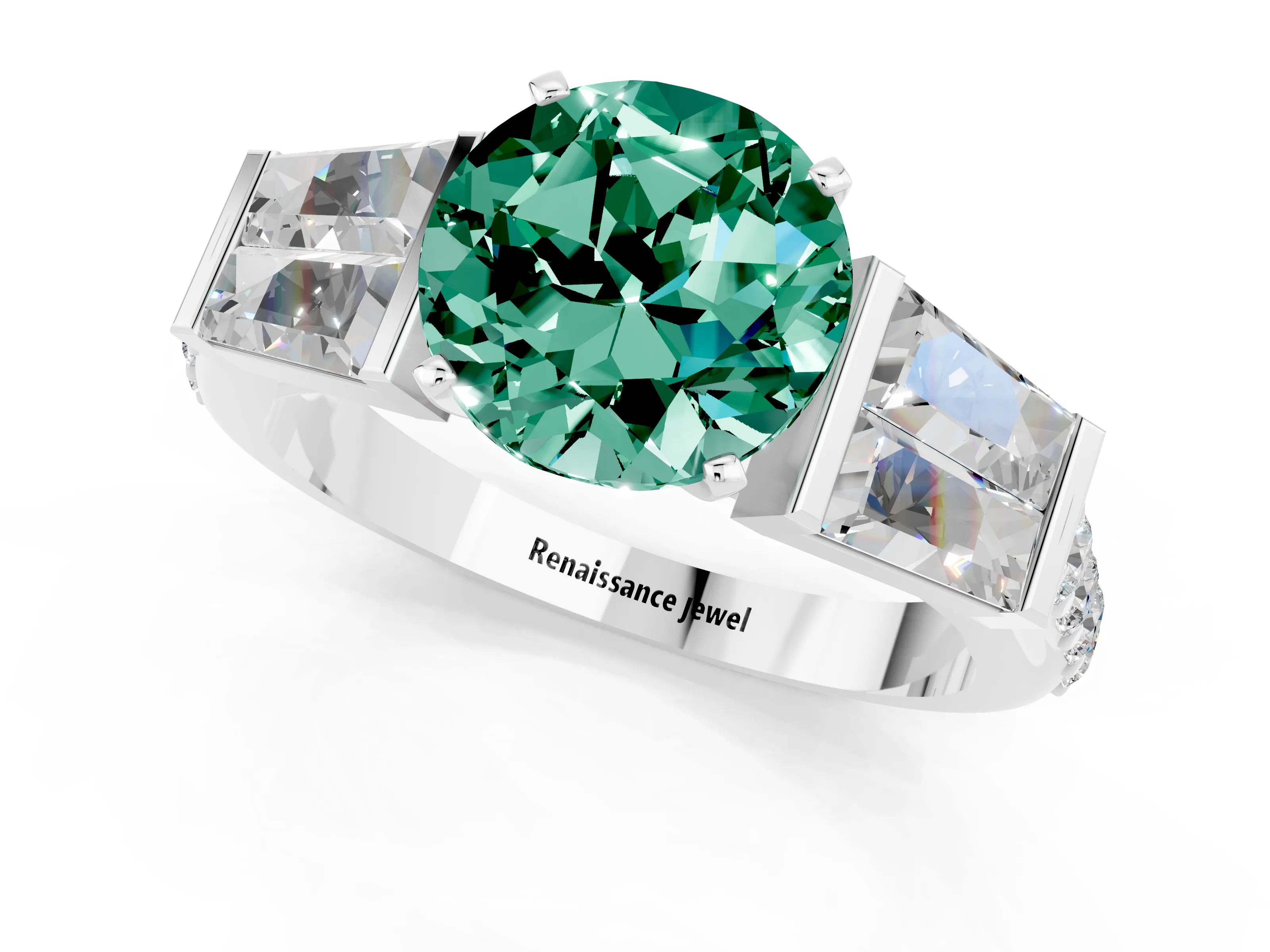 White gold Round Cut Green Sapphire Engagement Ring with Baguette Side Stones and Channel Set Band_1