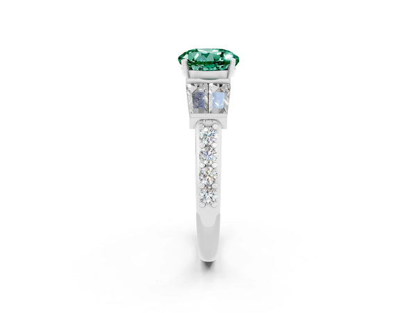 Platinum Round Cut Green Sapphire Engagement Ring with Baguette Side Stones and Channel Set Band
