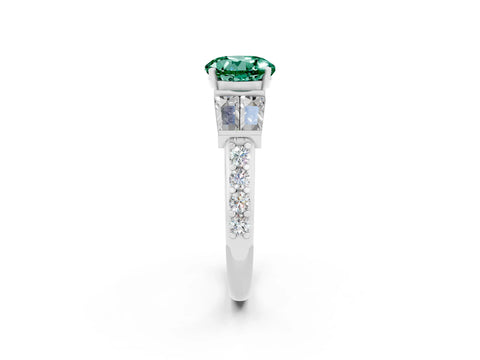 White gold Round Cut Green Sapphire Engagement Ring with Baguette Side Stones and Channel Set Band_2