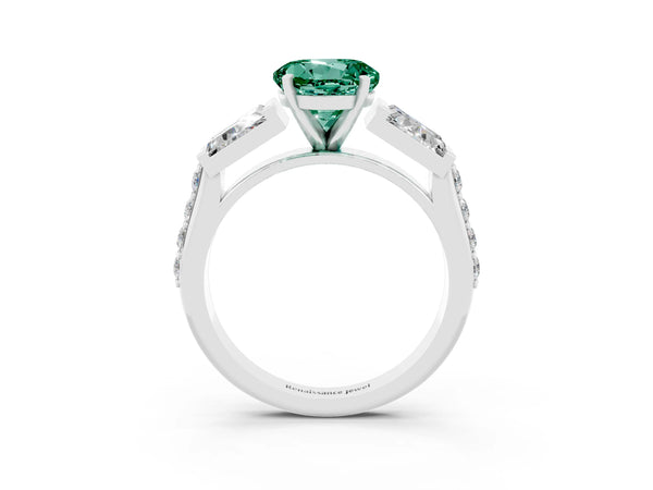 White gold Round Cut Green Sapphire Engagement Ring with Baguette Side Stones and Channel Set Band