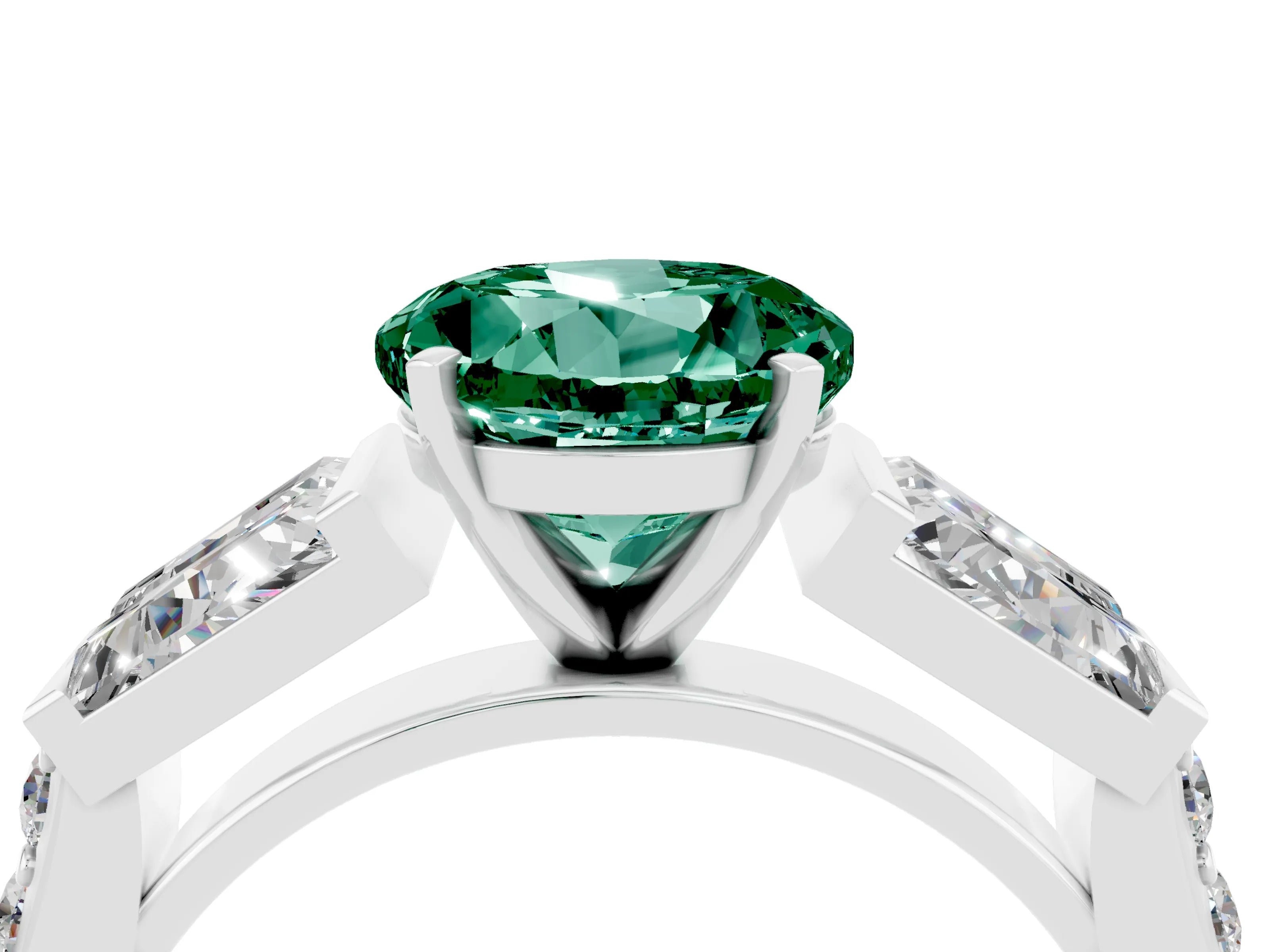 White gold Round Cut Green Sapphire Engagement Ring with Baguette Side Stones and Channel Set Band_4