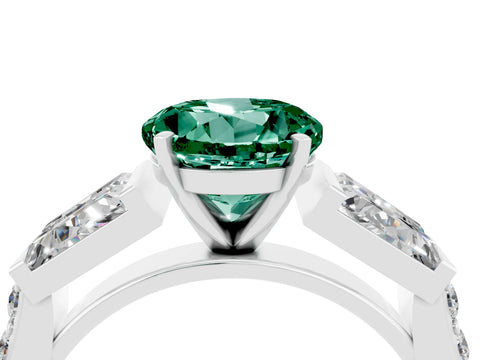 White gold Round Cut Green Sapphire Engagement Ring with Baguette Side Stones and Channel Set Band_4