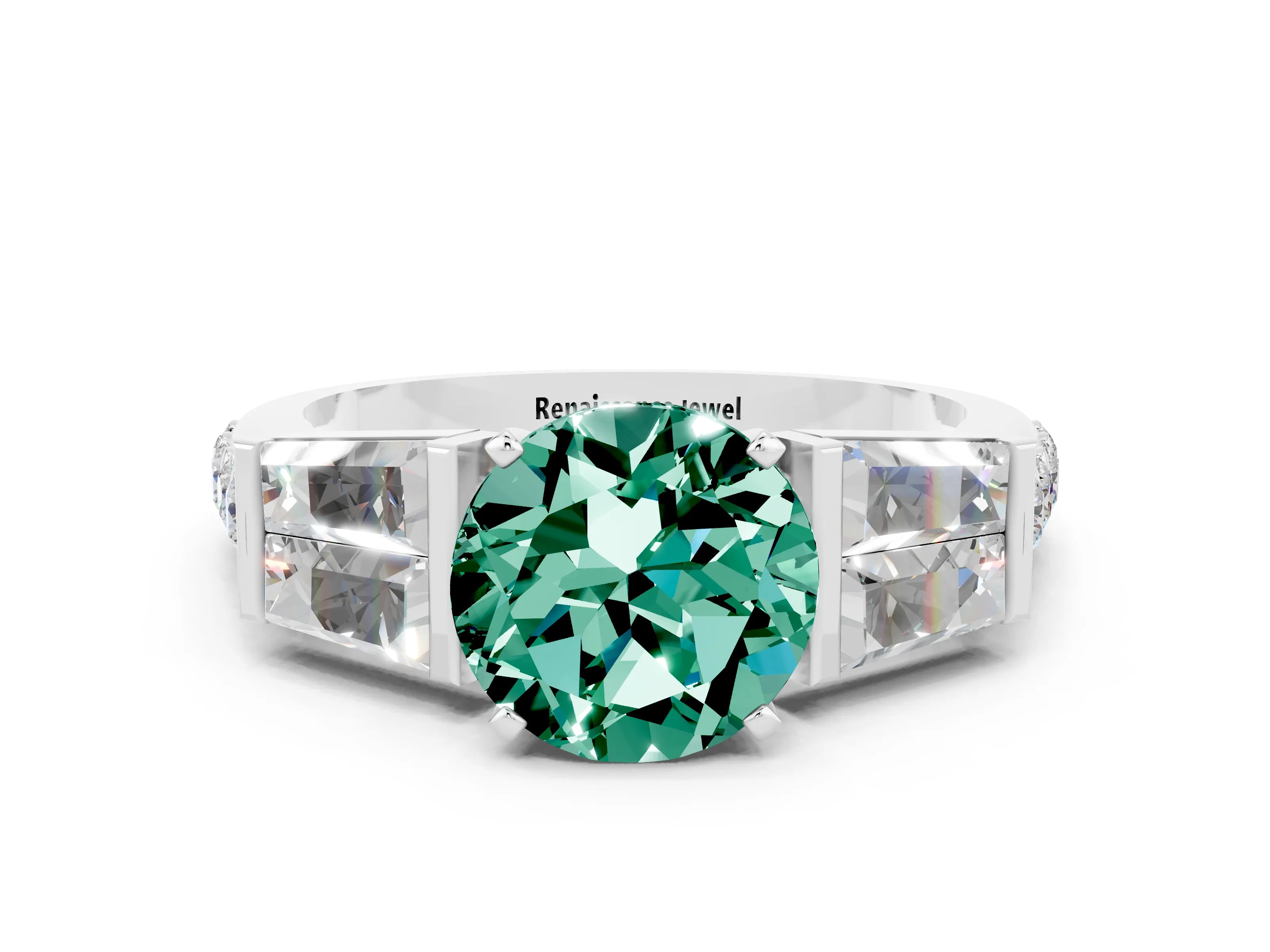 White gold Round Cut Green Sapphire Engagement Ring with Baguette Side Stones and Channel Set Band