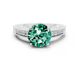 White gold Round Cut Green Sapphire Engagement Ring with Milgrain Channel Set Band and Prong Setting