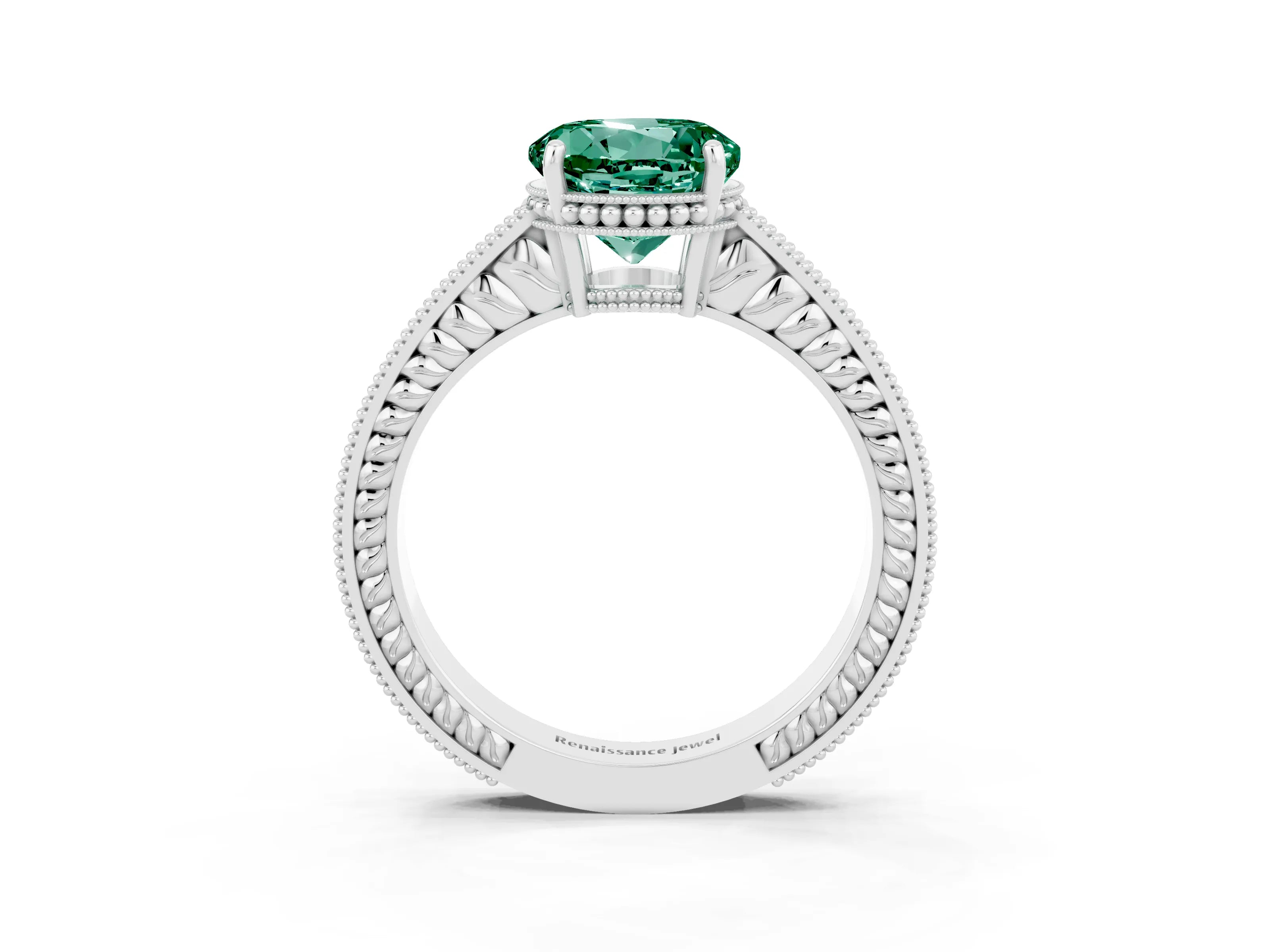 White gold Round Cut Green Sapphire Engagement Ring with Milgrain Channel Set Band and Prong Setting_3