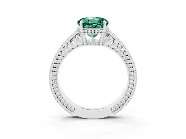 White gold Round Cut Green Sapphire Engagement Ring with Milgrain Channel Set Band and Prong Setting
