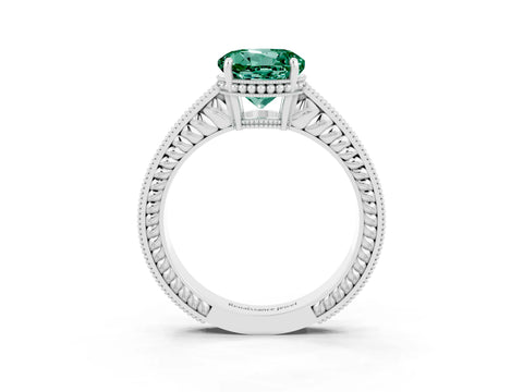 White gold Round Cut Green Sapphire Engagement Ring with Milgrain Channel Set Band and Prong Setting_3