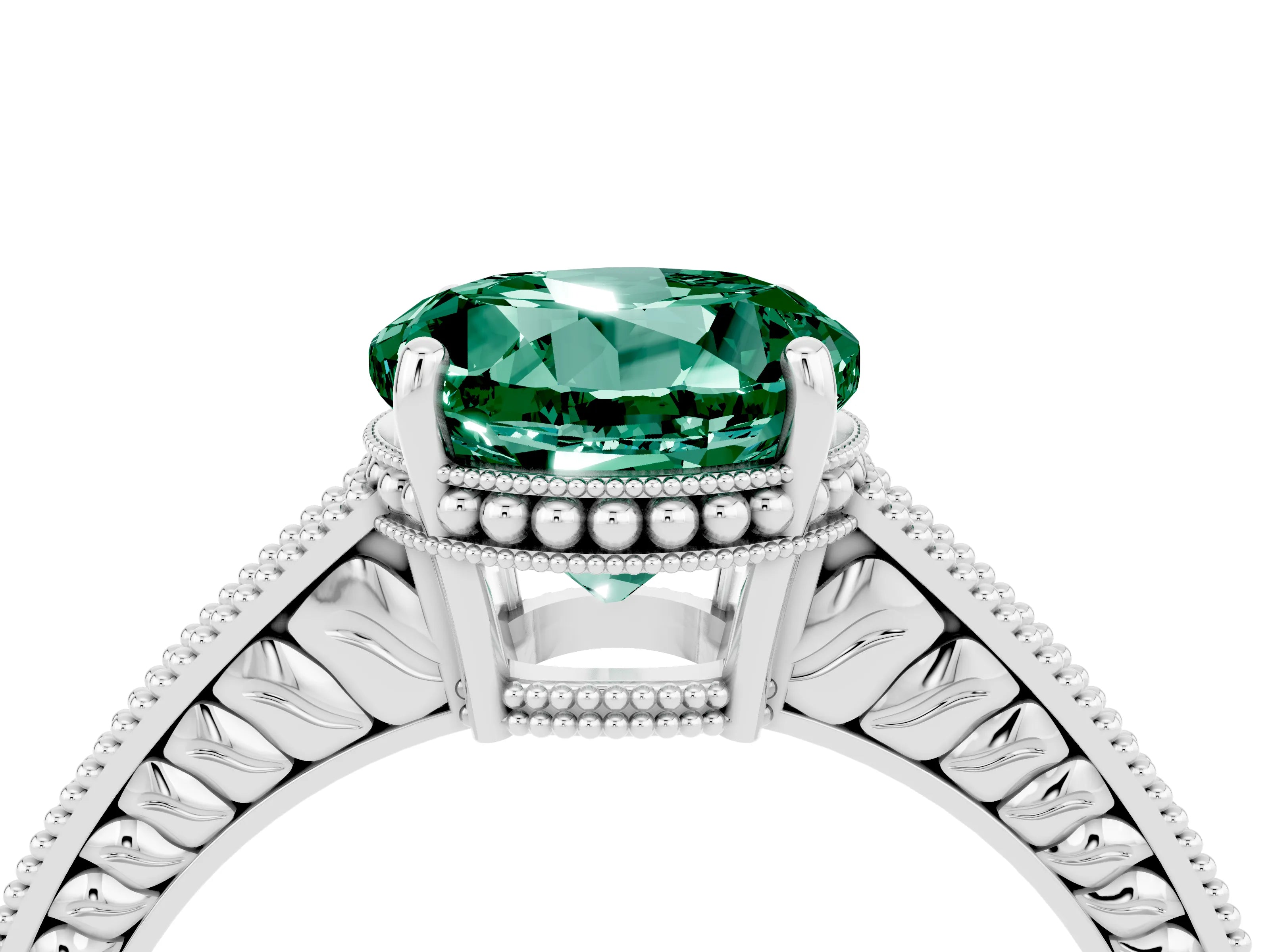 White gold Round Cut Green Sapphire Engagement Ring with Milgrain Channel Set Band and Prong Setting_4