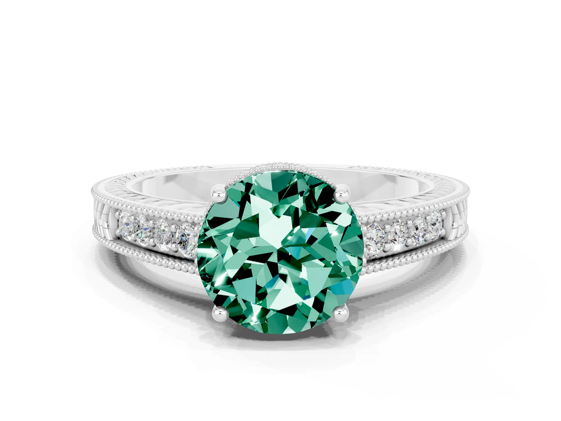 White gold Round Cut Green Sapphire Engagement Ring with Milgrain Channel Set Band and Prong Setting