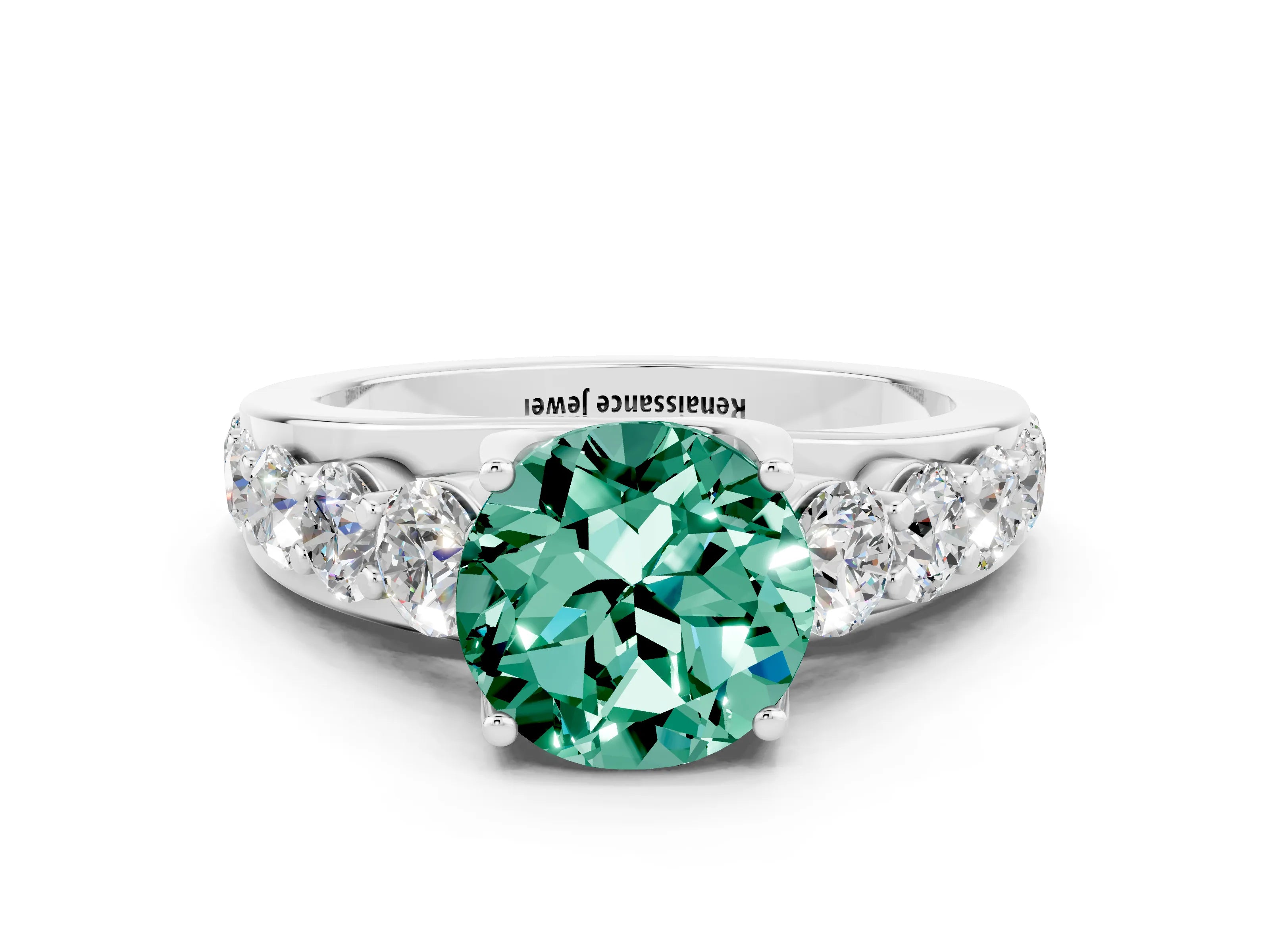 White gold Round Cut Green Sapphire Engagement Ring with Pavé Band and Four-Prong Setting