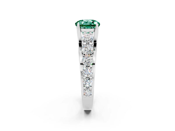 Platinum Round Cut Green Sapphire Engagement Ring with Pavé Band and Four-Prong Setting