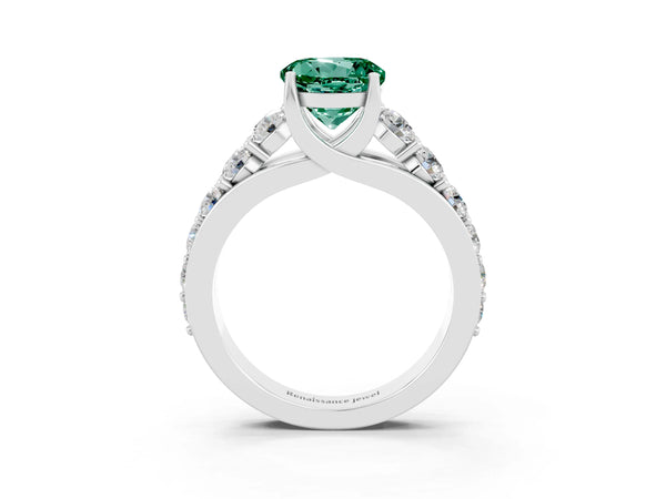 Silver Round Cut Green Sapphire Engagement Ring with Pavé Band and Four-Prong Setting