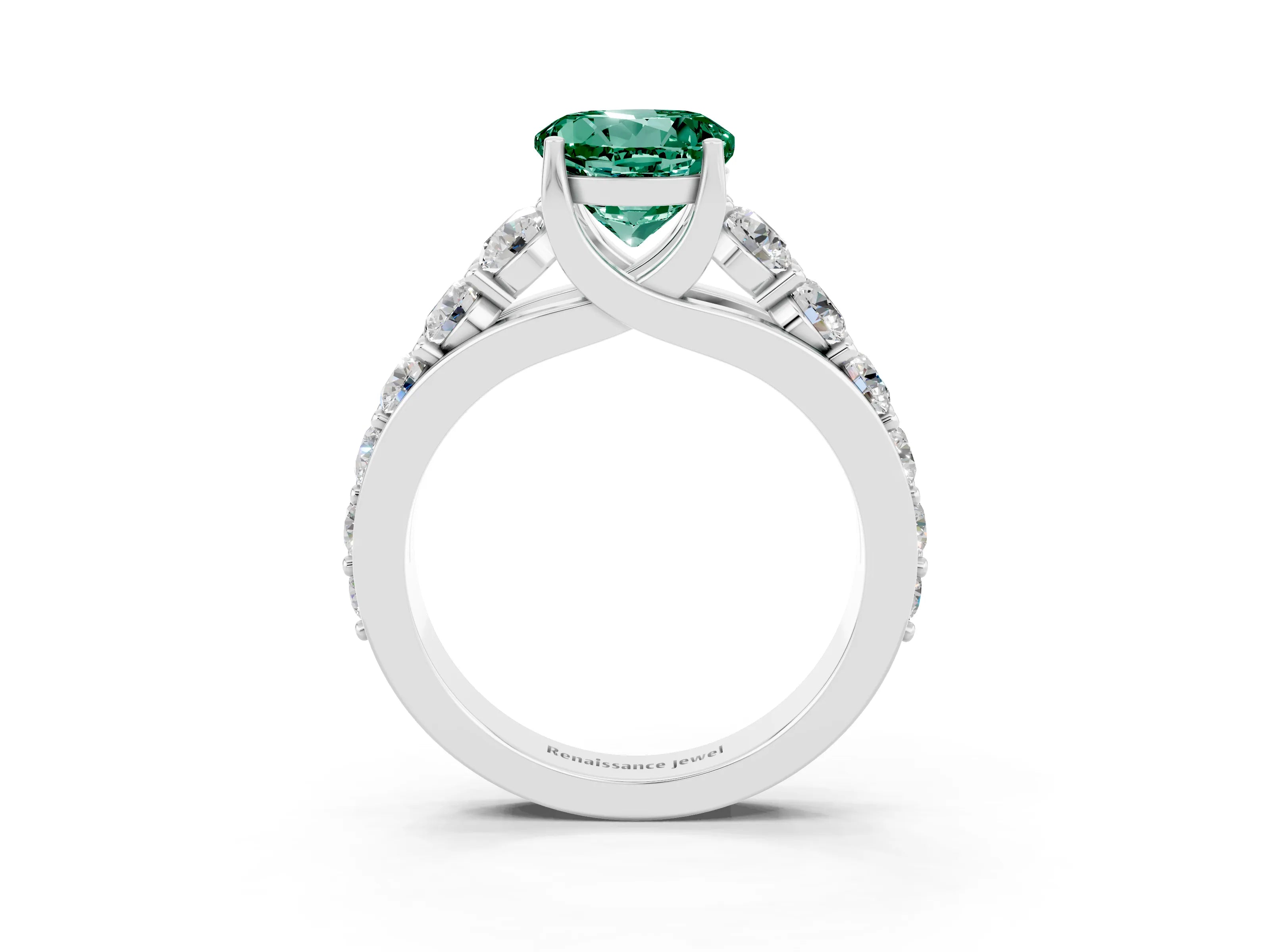 White gold Round Cut Green Sapphire Engagement Ring with Pavé Band and Four-Prong Setting_3