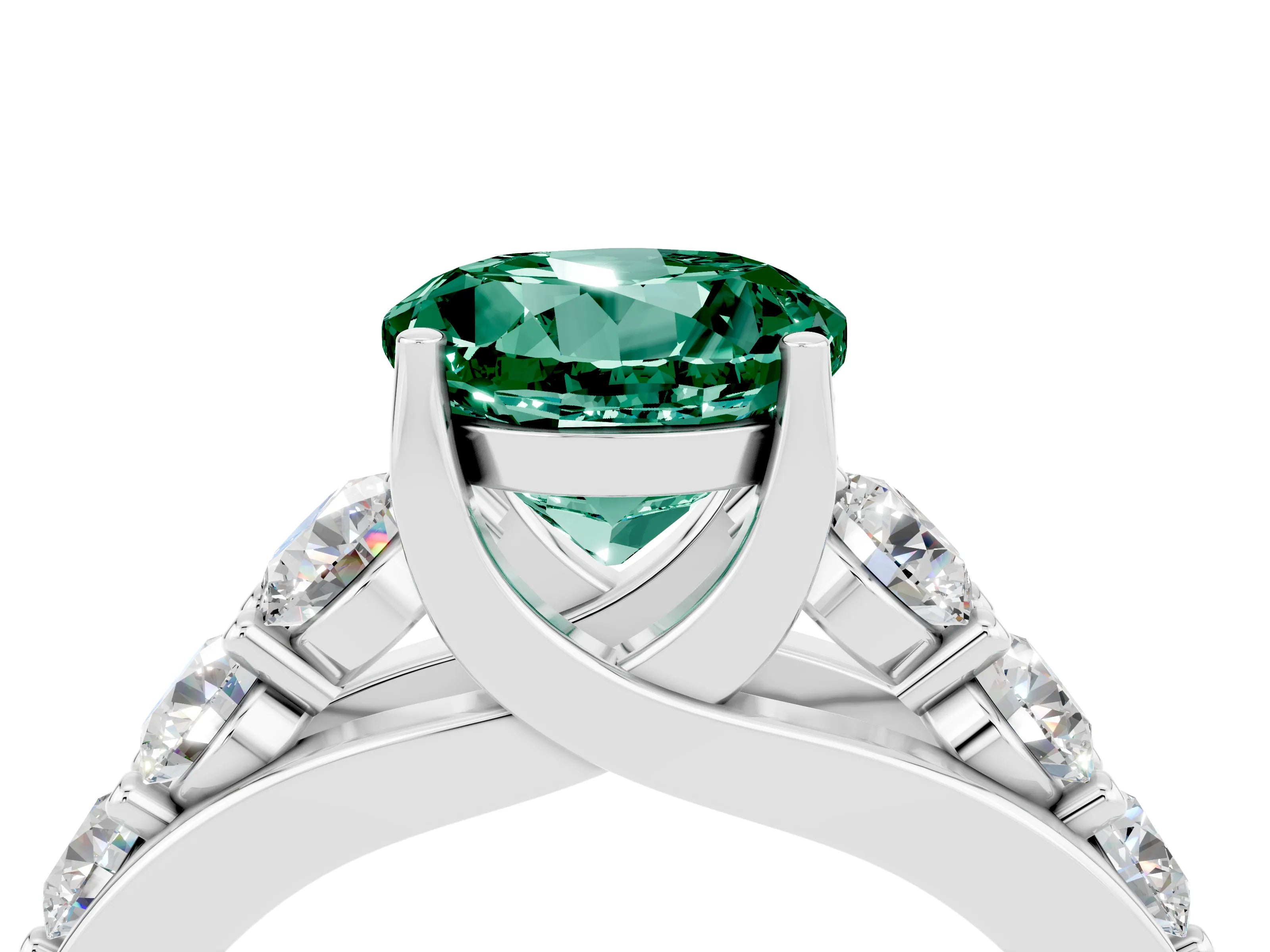 White gold Round Cut Green Sapphire Engagement Ring with Pavé Band and Four-Prong Setting_4