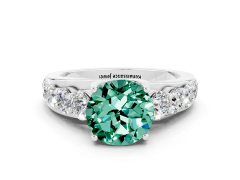 White gold Round Cut Green Sapphire Engagement Ring with Pavé Band and Four-Prong Setting