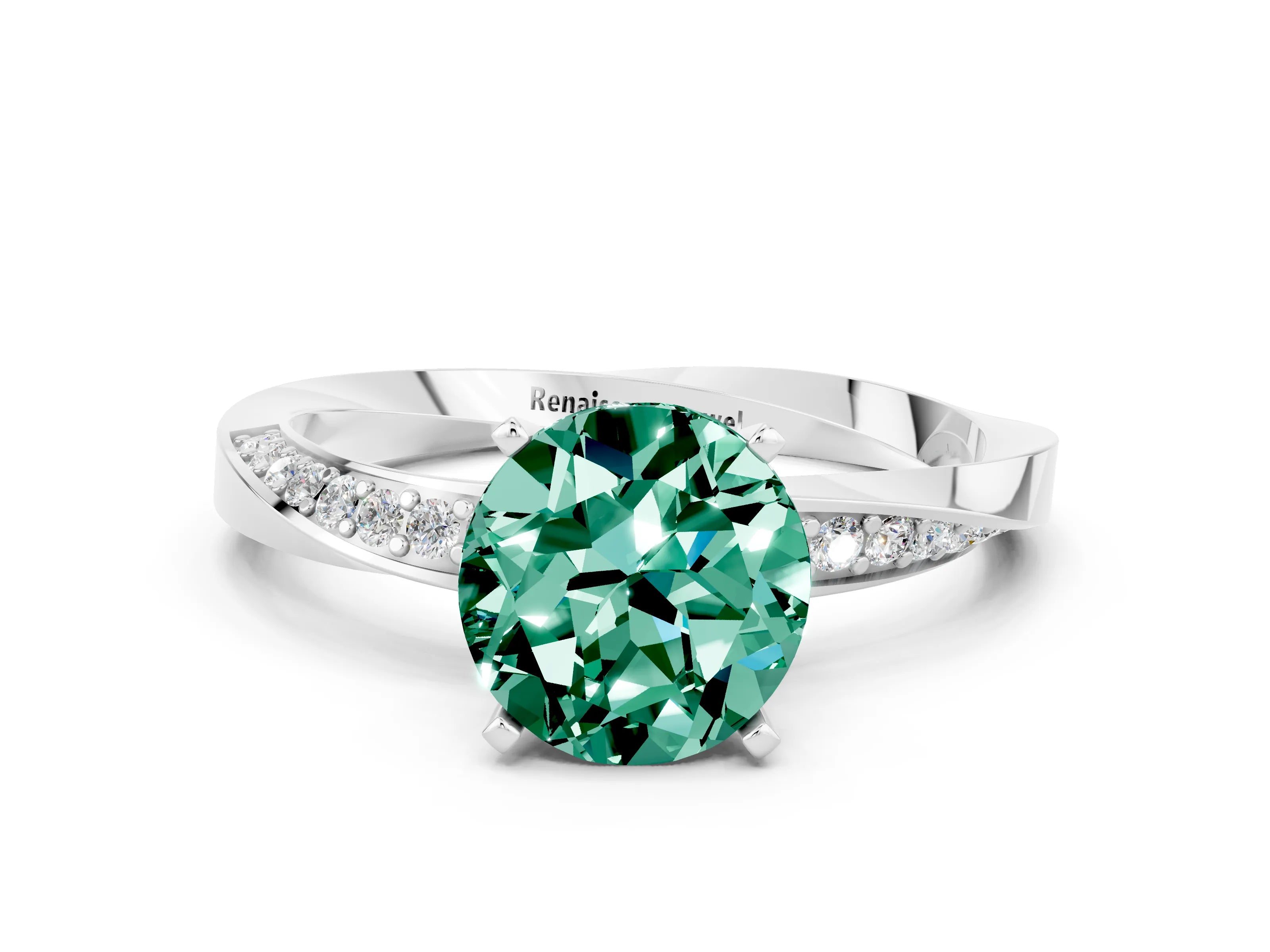White gold Round Cut Green Sapphire Engagement Ring with Side Stone Accents and Four-Prong Setting_27