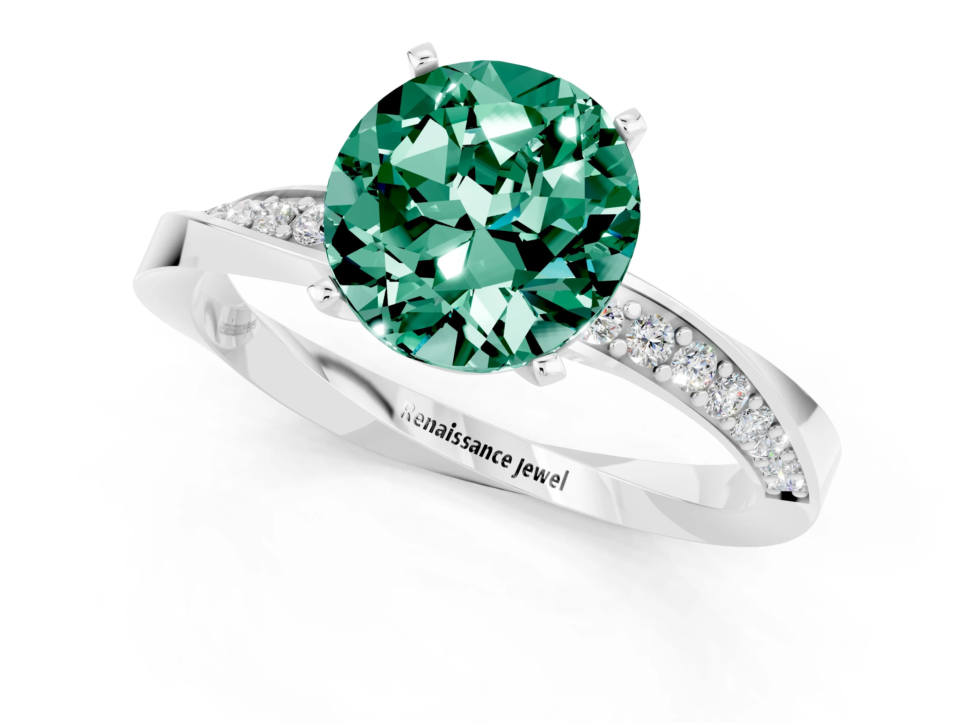 White gold Round Cut Green Sapphire Engagement Ring with Side Stone Accents and Four-Prong Setting_28