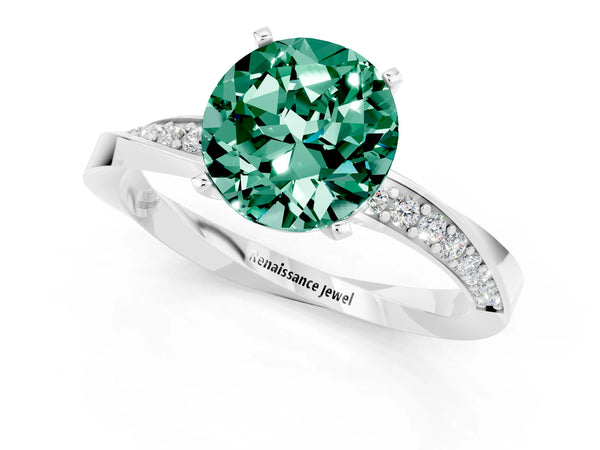 Silver Round Cut Green Sapphire Engagement Ring with Side Stone Accents and Four-Prong Setting