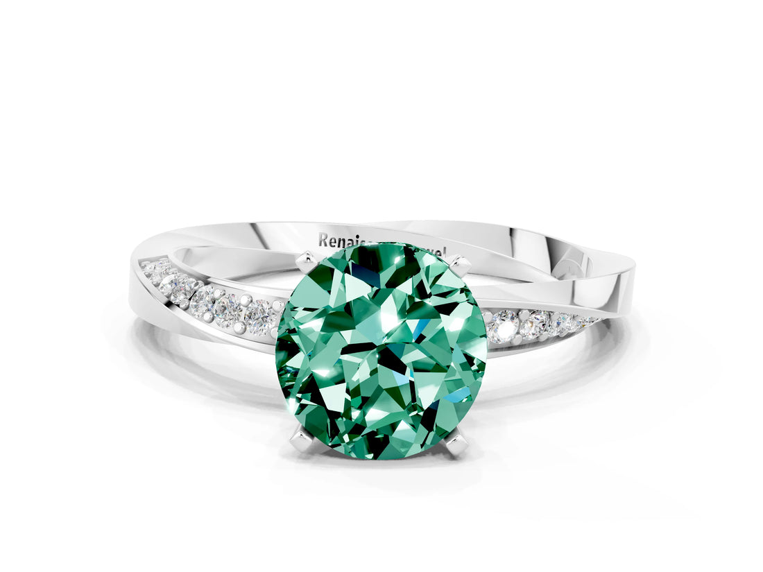 White gold Round Cut Green Sapphire Engagement Ring with Side Stone Accents and Four-Prong Setting_72
