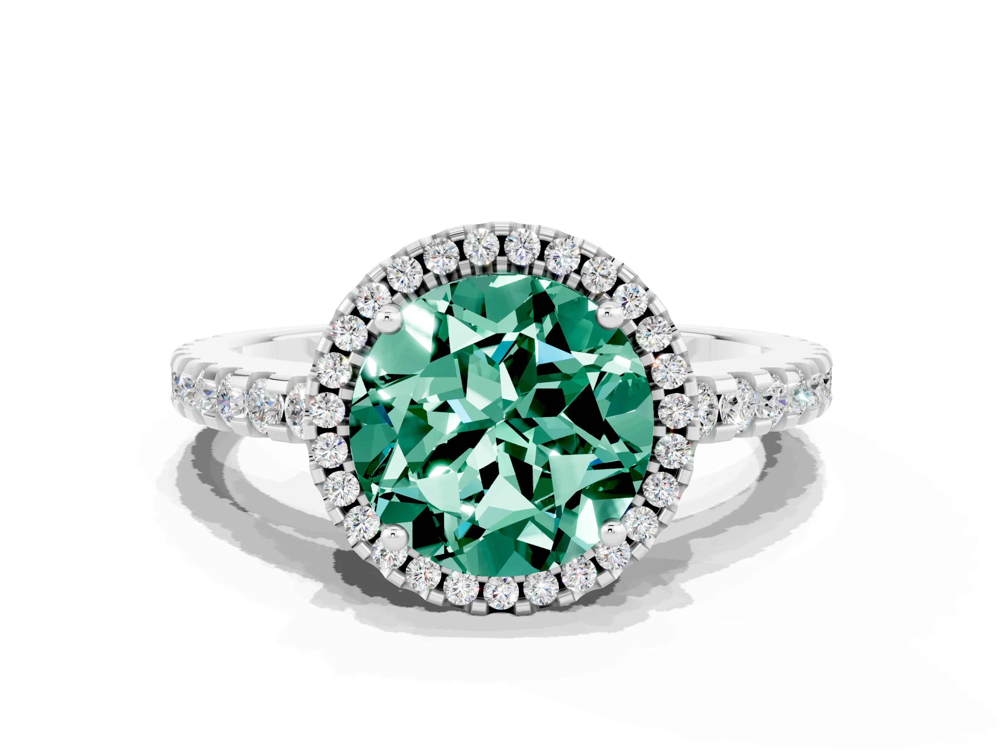 White gold Round Cut Green Sapphire Halo Engagement Ring with Pavé Band and Prong Setting_12