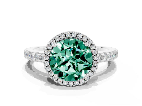 White gold Round Cut Green Sapphire Halo Engagement Ring with Pavé Band and Prong Setting_12