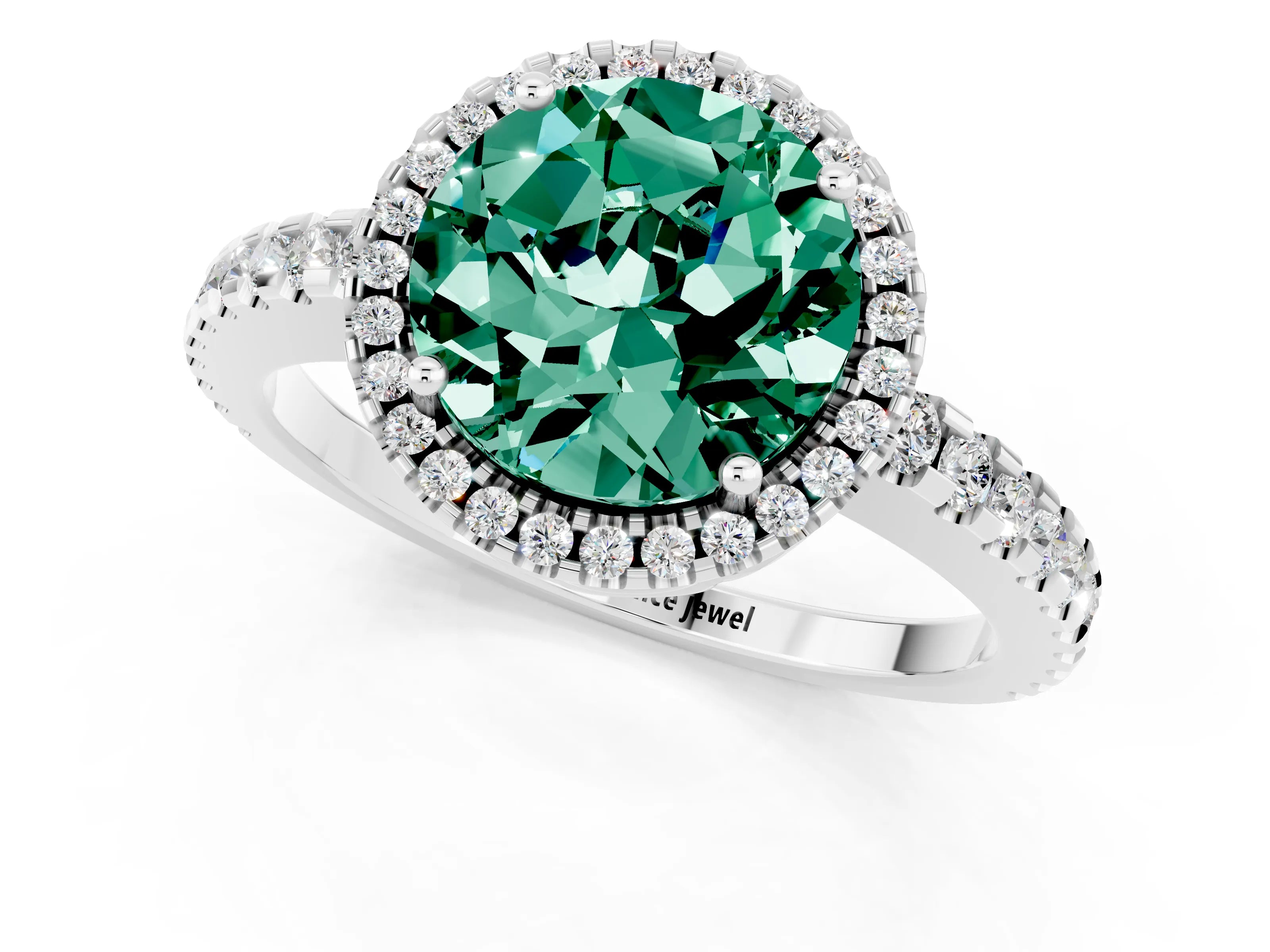 White gold Round Cut Green Sapphire Halo Engagement Ring with Pavé Band and Prong Setting_13