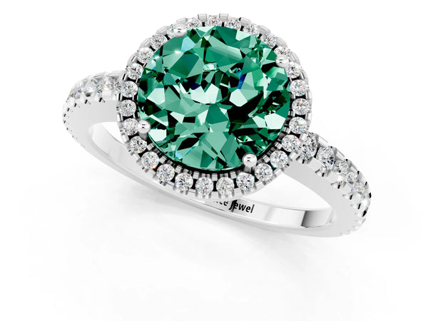 White gold Round Cut Green Sapphire Halo Engagement Ring with Pavé Band and Prong Setting