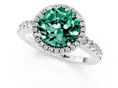 White gold Round Cut Green Sapphire Halo Engagement Ring with Pavé Band and Prong Setting_13