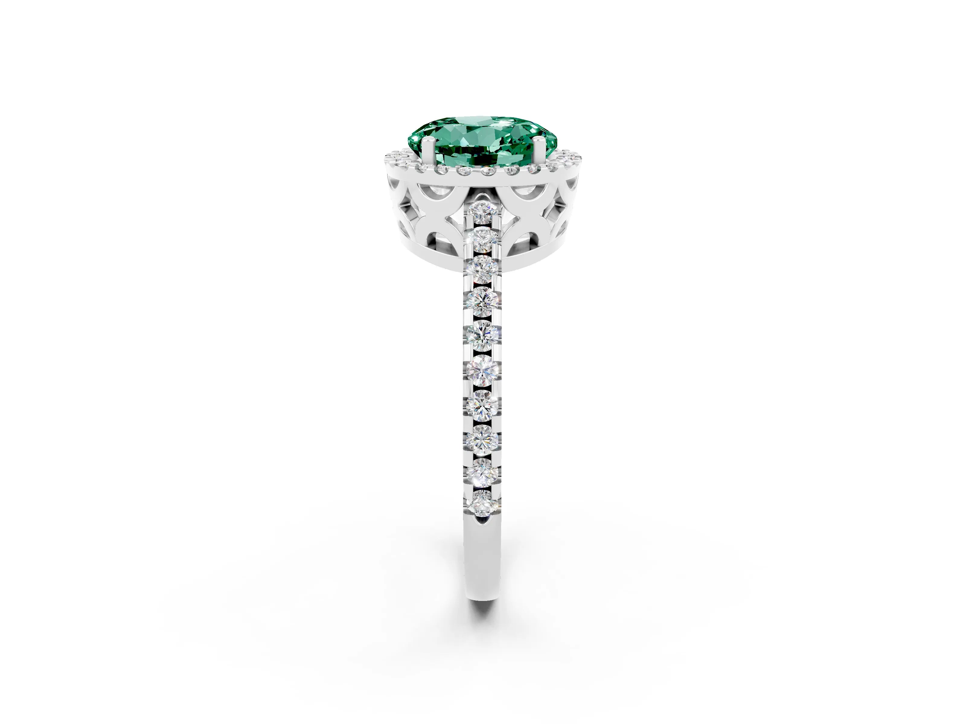 White gold Round Cut Green Sapphire Halo Engagement Ring with Pavé Band and Prong Setting_14