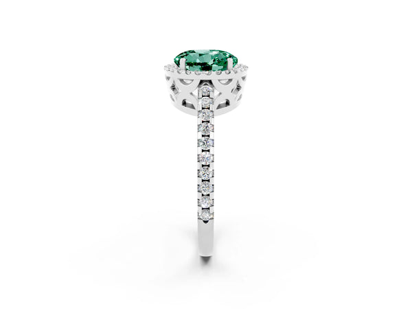 White gold Round Cut Green Sapphire Halo Engagement Ring with Pavé Band and Prong Setting