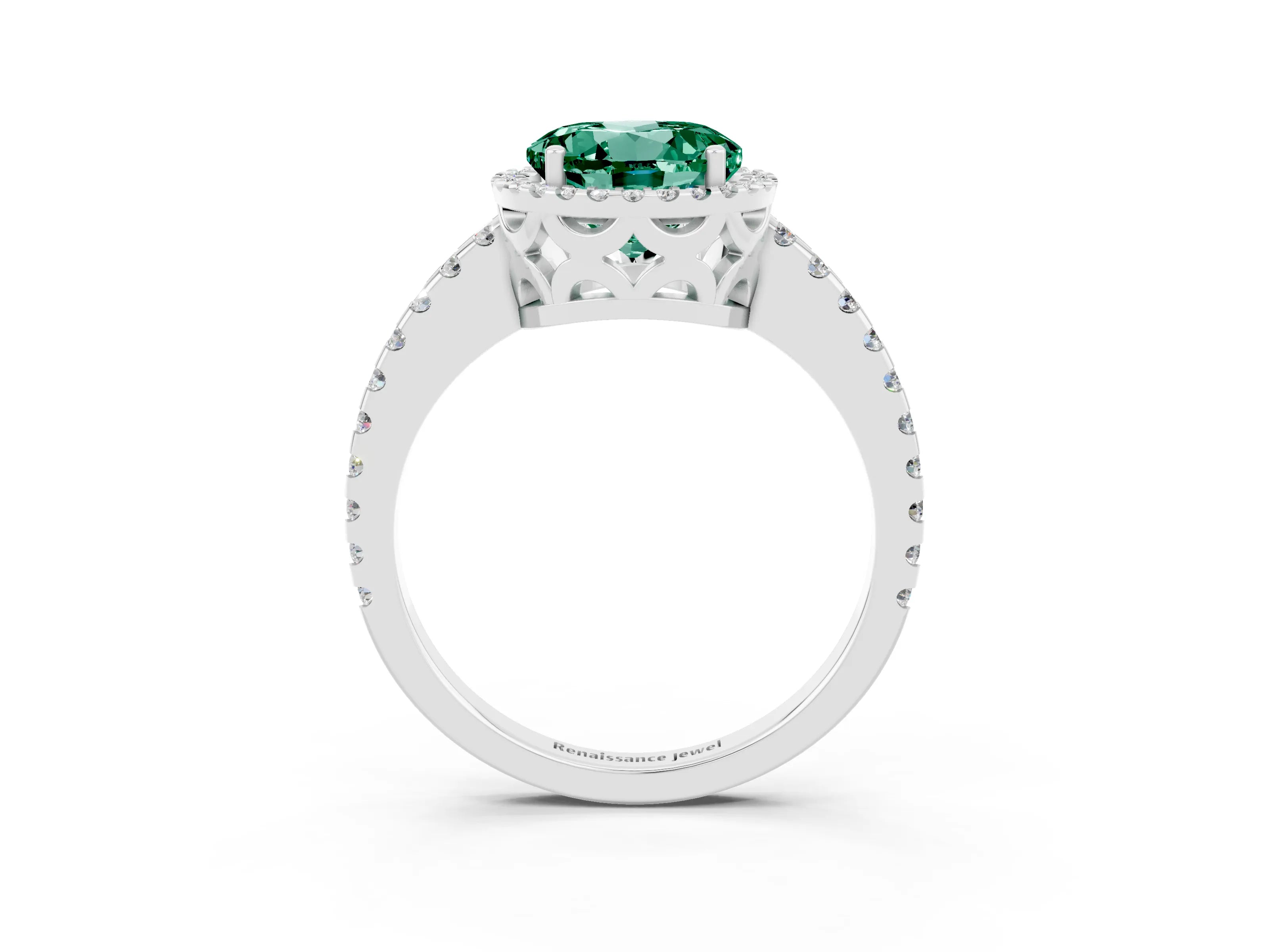 White gold Round Cut Green Sapphire Halo Engagement Ring with Pavé Band and Prong Setting_15