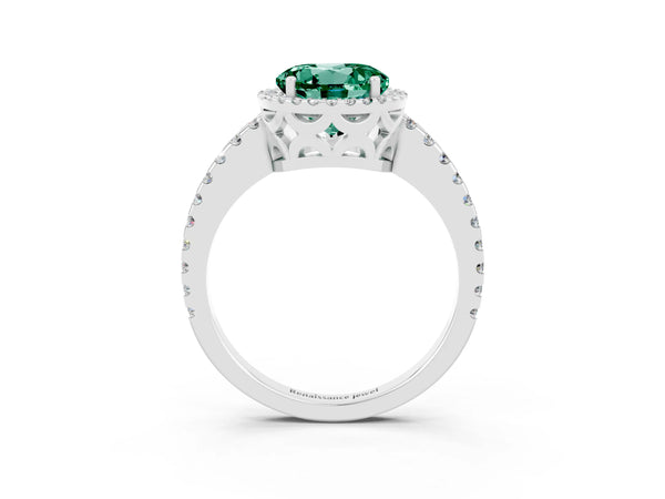 Silver Round Cut Green Sapphire Halo Engagement Ring with Pavé Band and Prong Setting