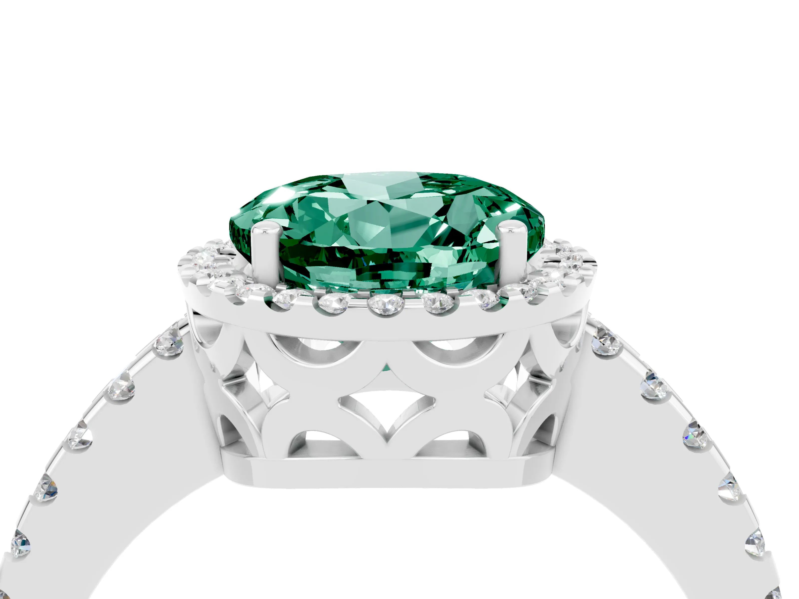 White gold Round Cut Green Sapphire Halo Engagement Ring with Pavé Band and Prong Setting_16