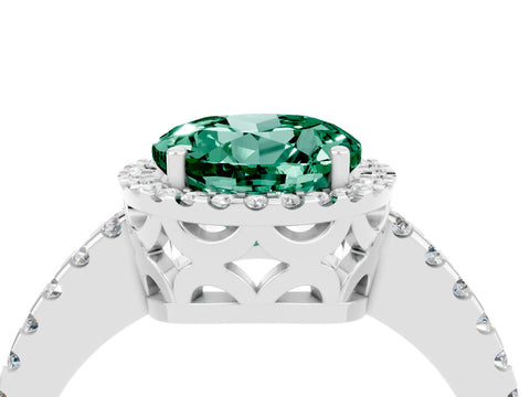 White gold Round Cut Green Sapphire Halo Engagement Ring with Pavé Band and Prong Setting_16