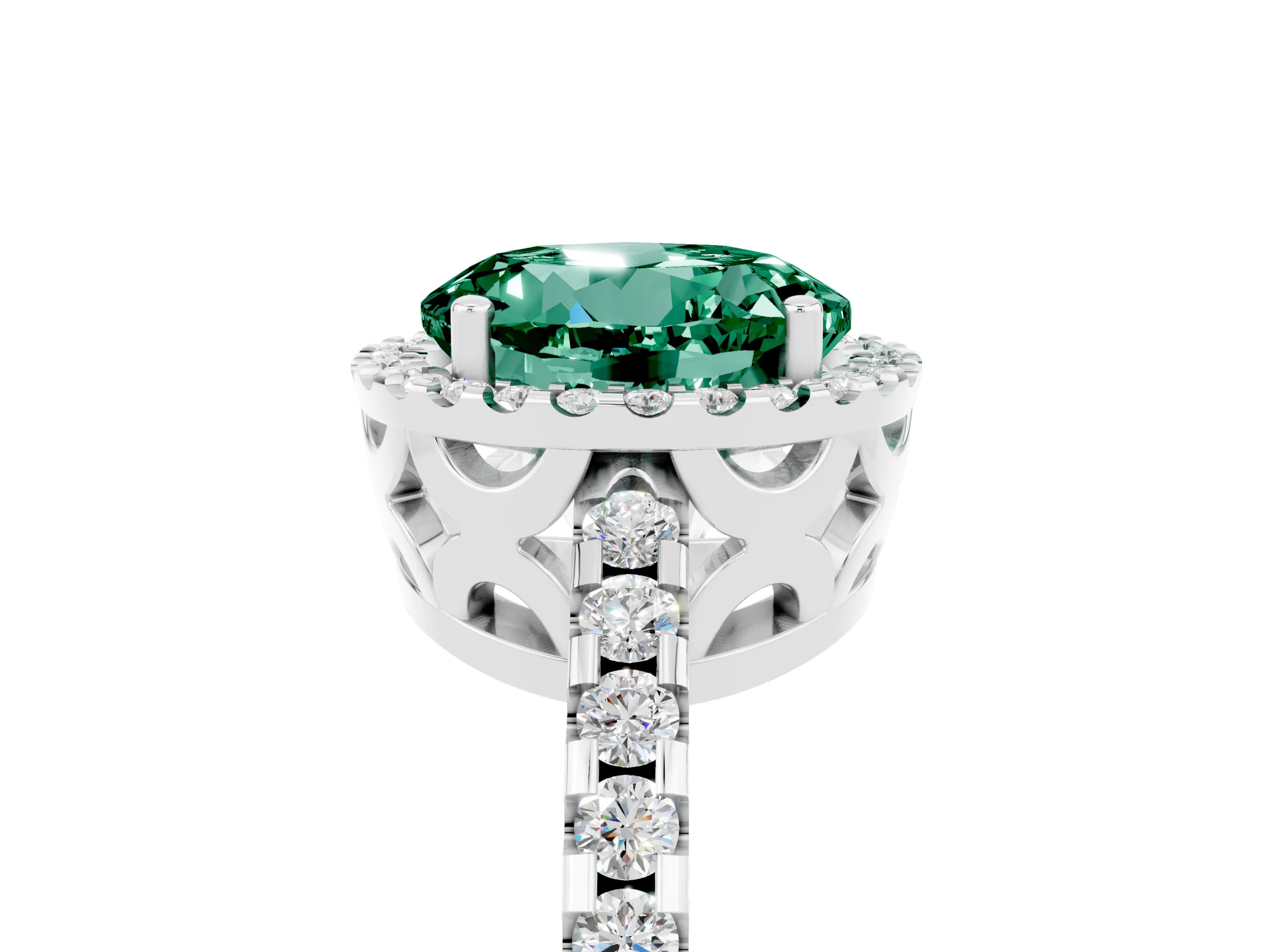 White gold Round Cut Green Sapphire Halo Engagement Ring with Pavé Band and Prong Setting_17