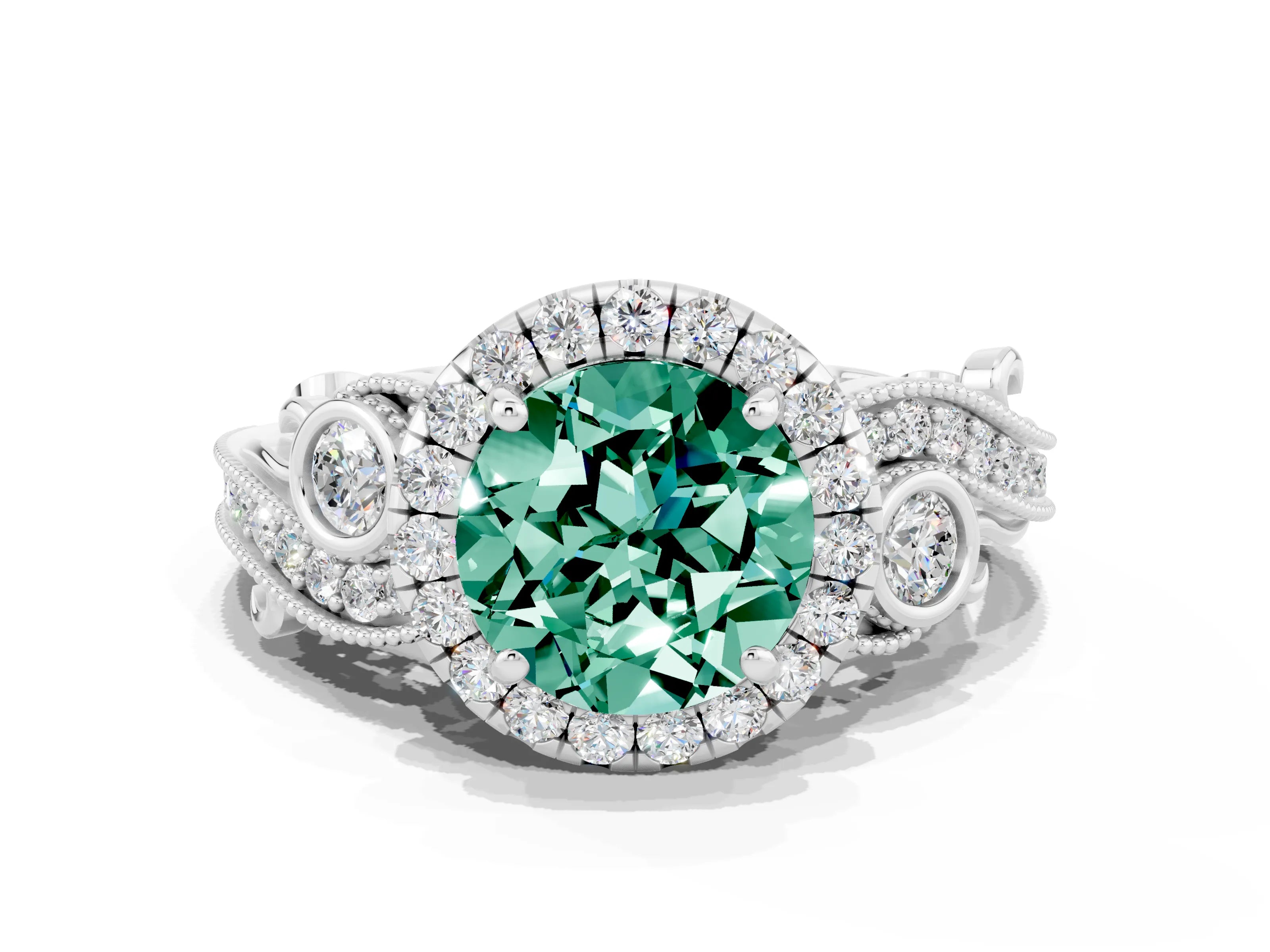 White gold Round Cut Green Sapphire Halo Ring with Milgrain Pavé Band and Four-Prong Setting_12