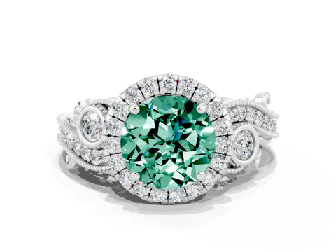 White gold Round Cut Green Sapphire Halo Ring with Milgrain Pavé Band and Four-Prong Setting_12