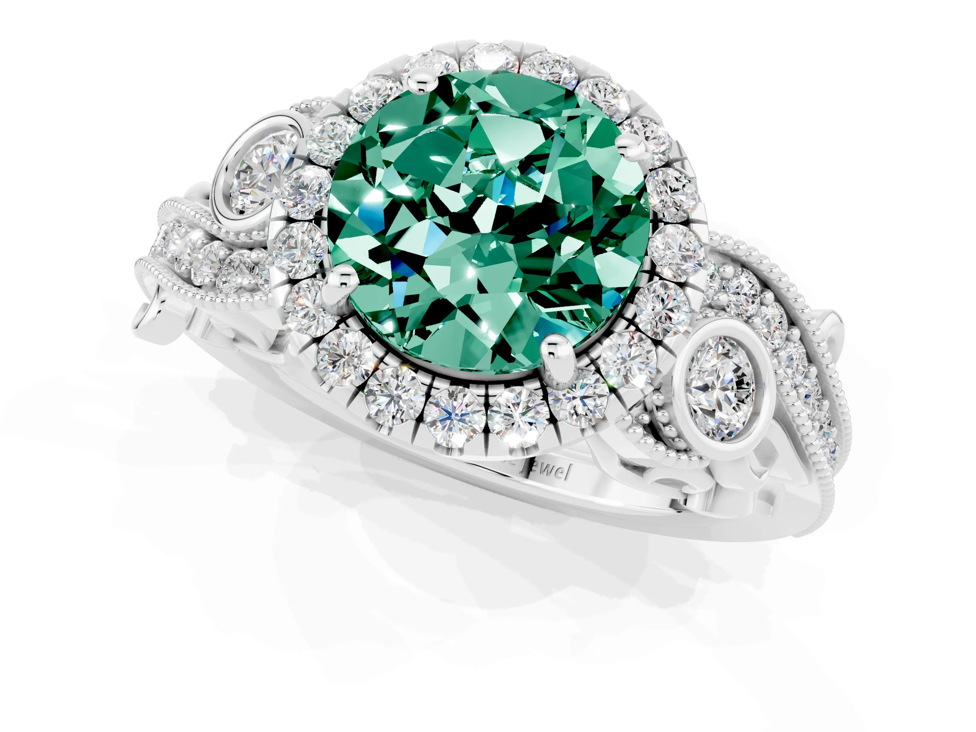 White gold Round Cut Green Sapphire Halo Ring with Milgrain Pavé Band and Four-Prong Setting_13