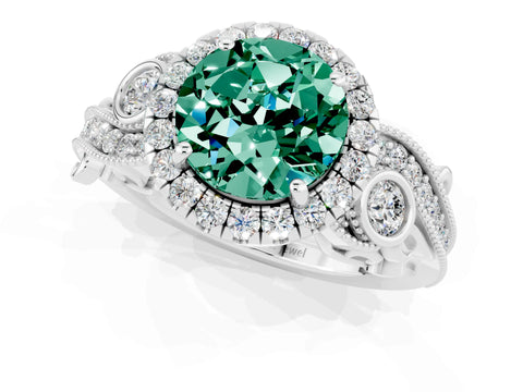 White gold Round Cut Green Sapphire Halo Ring with Milgrain Pavé Band and Four-Prong Setting_13