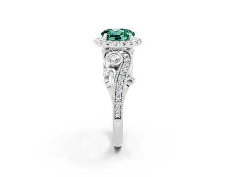 White gold Round Cut Green Sapphire Halo Ring with Milgrain Pavé Band and Four-Prong Setting_14