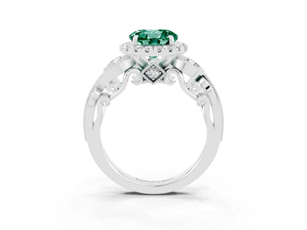 Platinum Round Cut Green Sapphire Halo Ring with Milgrain Pavé Band and Four-Prong Setting